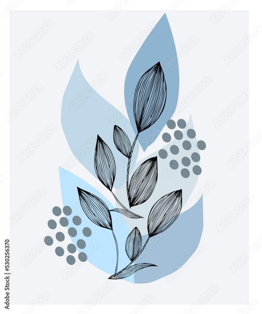 Postcard branch with flowers and leaves on a winter background. Contour handwork. For invitations, postcards, internet, printing and decoration.