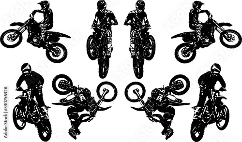 A set of black and white vector images of motorcyclists performing extreme stunts in the discipline of motofreestyle