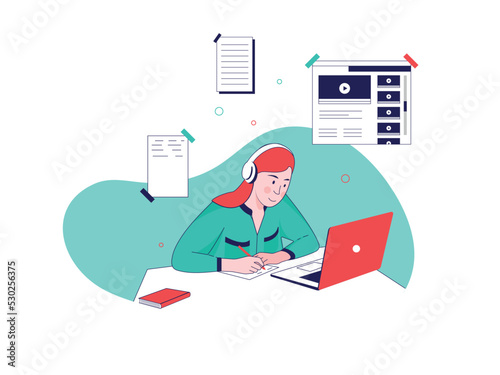 girl in flat style studying online at a laptop
