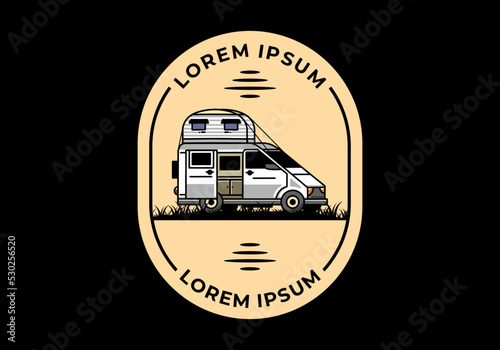 Big van with roof box tent illustration badge