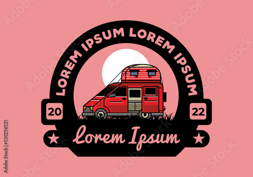 Big van with roof box tent illustration badge