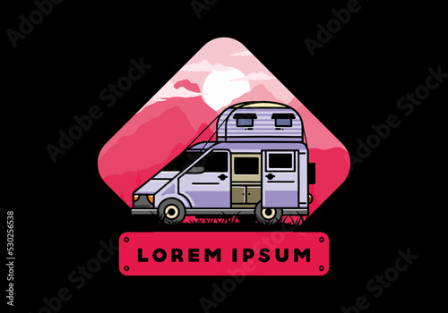 Big van with roof box tent illustration badge
