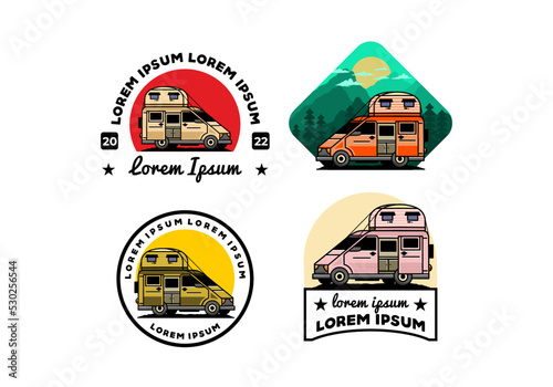 Big van with roof box tent illustration badge
