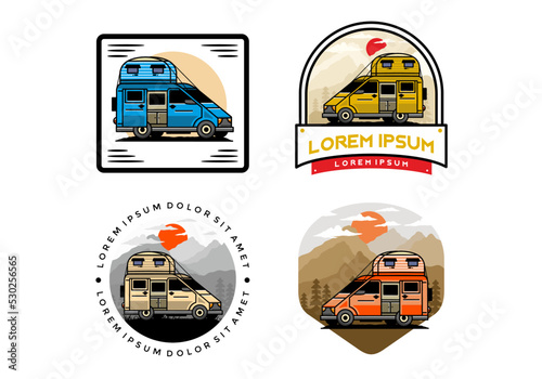 Big van with roof box tent illustration badge