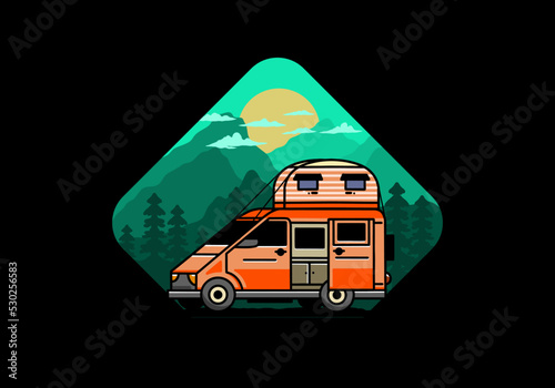 Big van with roof box tent illustration badge
