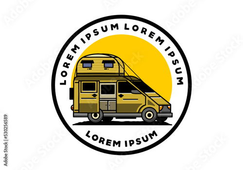 Big van with roof box tent illustration badge