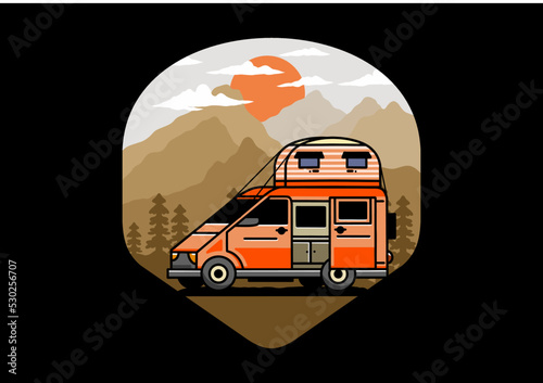 Big van with roof box tent illustration badge