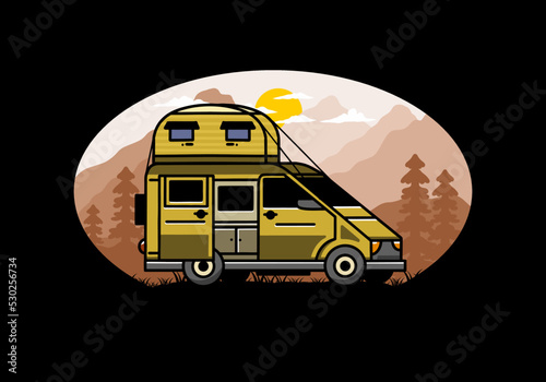 Big van with roof box tent illustration badge