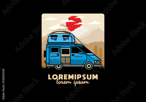 Big van with roof box tent illustration badge