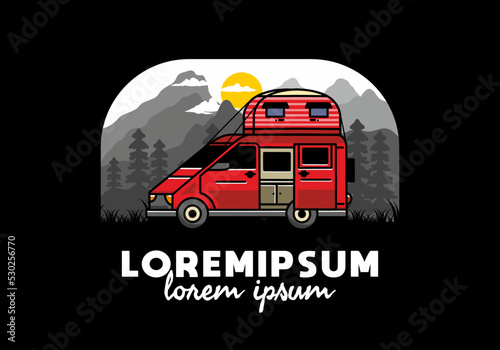 Big van with roof box tent illustration badge