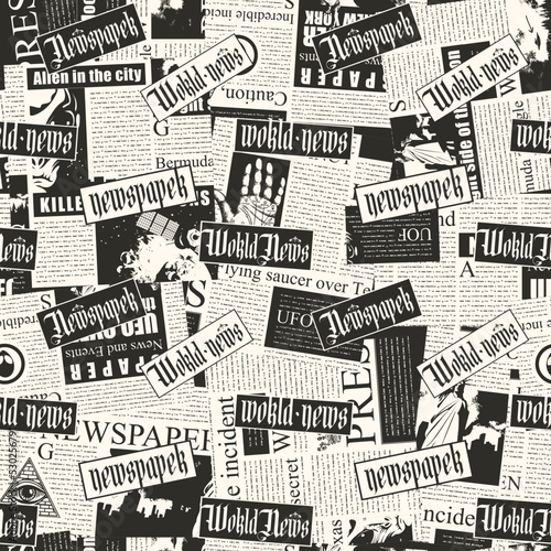 seamless pattern with a collage of newspaper clippings. Abstract background with unreadable text, titles and illustrations. Wallpaper, wrapping paper or fabric design in retro vintage style