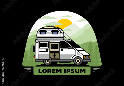 Big van with roof box tent illustration badge