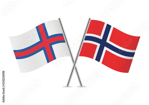 The Faroe Islands and Norway crossed flags. Faroes and Norwegian flags on white background. Vector icon set. Vector illustration.