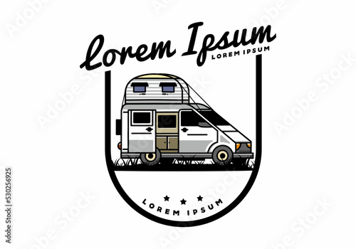 Big van with roof box tent illustration badge