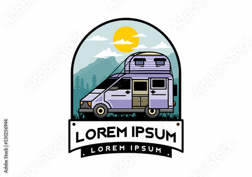 Big van with roof box tent illustration badge