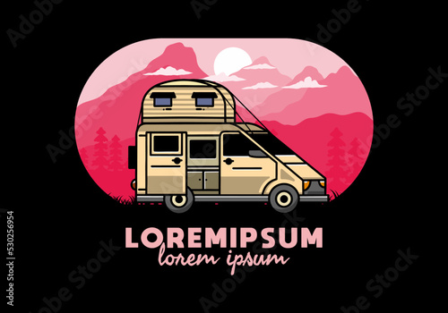 Big van with roof box tent illustration badge