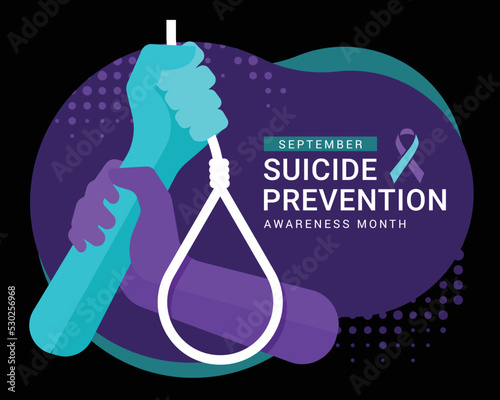 Suicide prevention awareness month text and ribbon sign, hand hold hand to stop kill yourself by hanging on dark purple background vector design