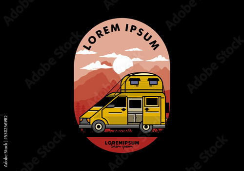 Big van with roof box tent illustration badge