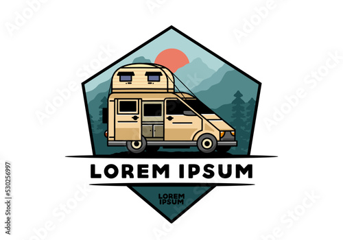 Big van with roof box tent illustration badge