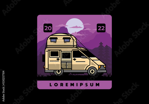 Big van with roof box tent illustration badge