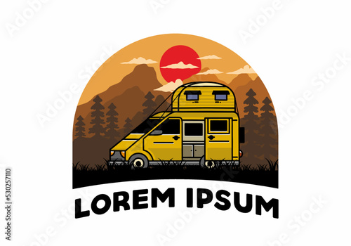 Big van with roof box tent illustration badge
