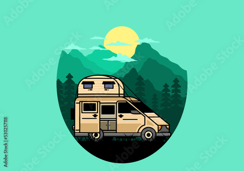 Big van with roof box tent illustration badge