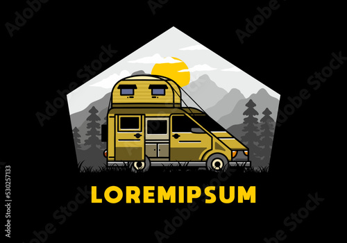 Big van with roof box tent illustration badge