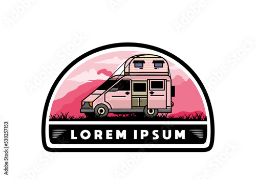 Big van with roof box tent illustration badge