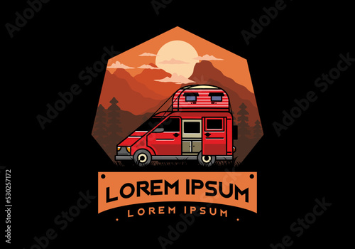 Big van with roof box tent illustration badge