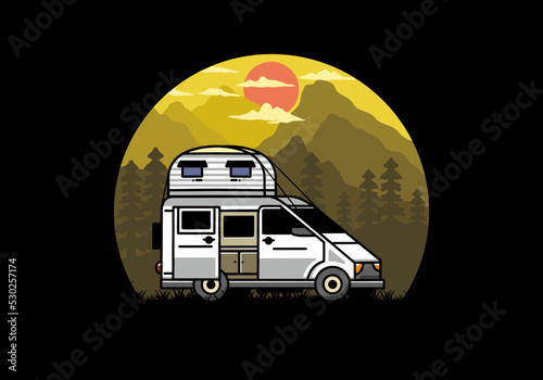 Big van with roof box tent illustration badge