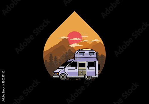 Big van with roof box tent illustration badge
