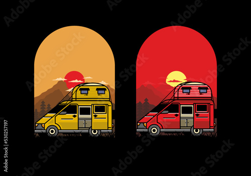 Big van with roof box tent illustration badge