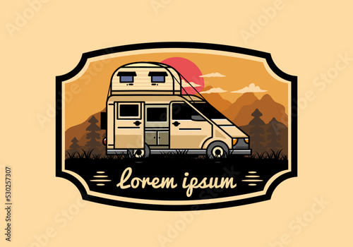 Big van with roof box tent illustration badge