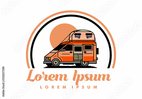 Big van with roof box tent illustration badge