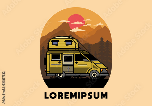 Big van with roof box tent illustration badge