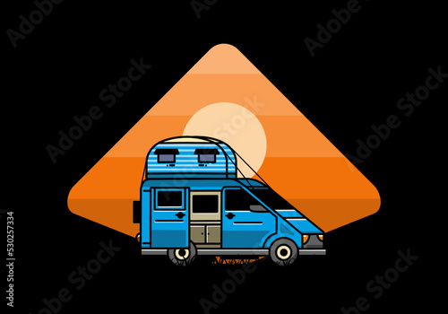 Big van with roof box tent illustration badge