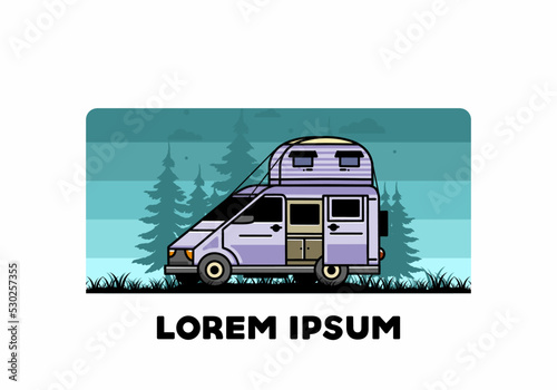 Big van with roof box tent illustration badge
