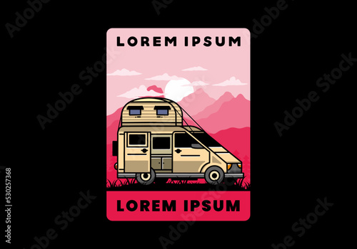 Big van with roof box tent illustration badge
