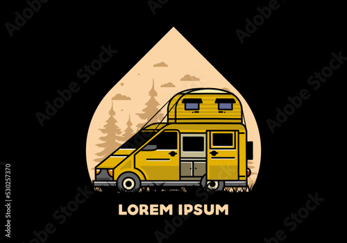 Big van with roof box tent illustration badge