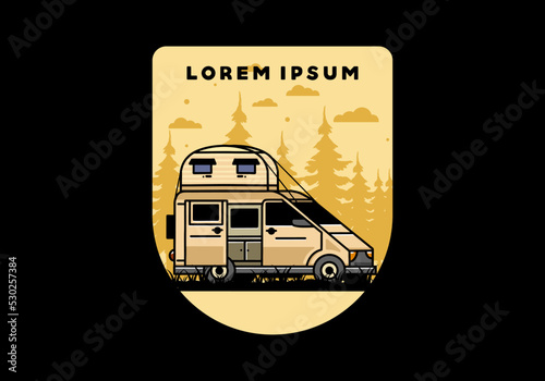 Big van with roof box tent illustration badge