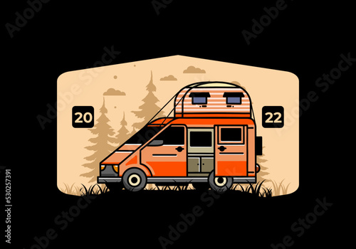 Big van with roof box tent illustration badge