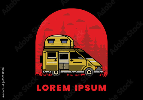 Big van with roof box tent illustration badge