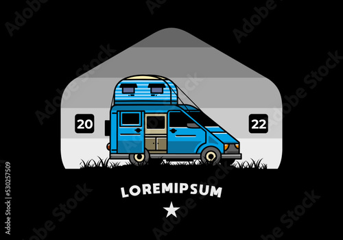 Big van with roof box tent illustration badge