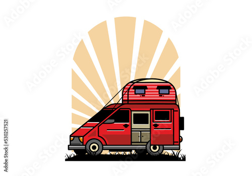 Big van with roof box tent illustration badge
