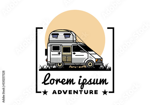 Big van with roof box tent illustration badge
