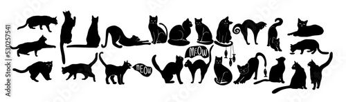Cats, Isolated On White Background. Set of black silhouettes of a cat. Vector illustration