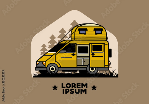 Big van with roof box tent illustration badge