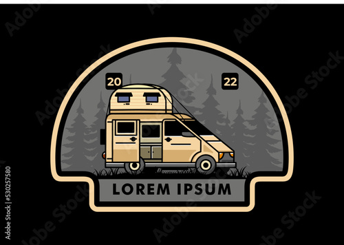 Big van with roof box tent illustration badge