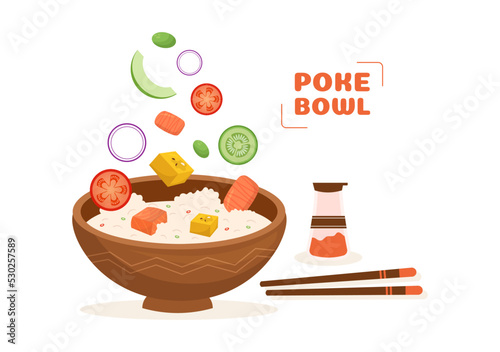 Hawaiian Dish Poke Bowl Food Template Hand Drawn Cartoon Flat Illustration with Rice, Tuna, Fresh Fish, Egg and Vegetables Design
