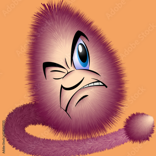 Anger and hatred on the face. Vector illustration of a fairy tale character fluffy with an expression of anger and hatred. Sketch for creativity.